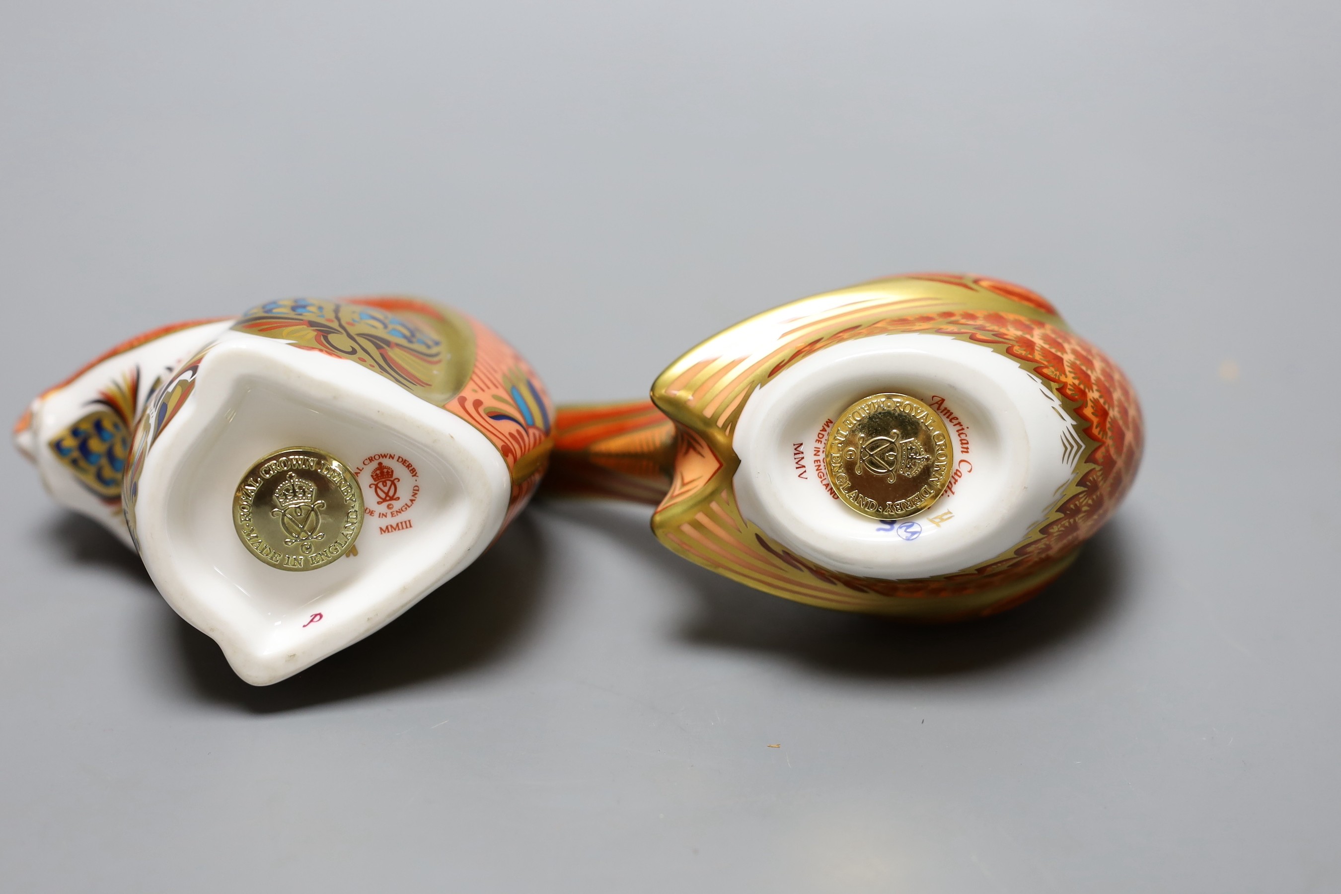 Two Royal Crown Derby paperweights - Red Squirrel, gold stopper, boxed, no certificate and American Cardinal, gold stopper, boxed, no certificate